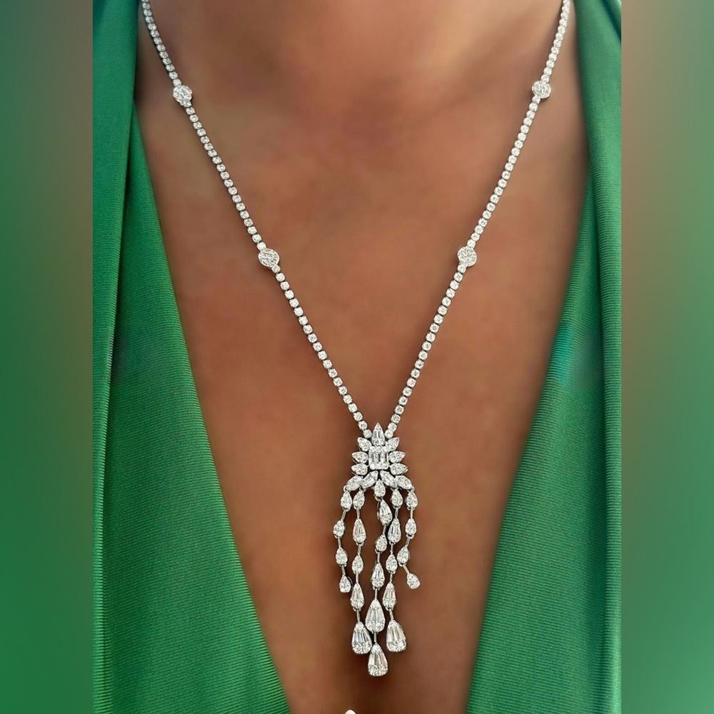 White Gold Plated Made W Swarovski Crystal Women's Long Necklace Bridal Jewelry - Picture 4 of 8